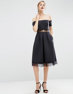 Платье миди с открытыми плечами и кружевными вставками ASOS Premium-Черный