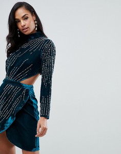 Бархатное платье мини с отделкой искусственным жемчугом ASOS DESIGN-Синий