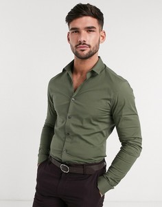 Обтягивающая рубашка цвета хаки из поплина с длинными рукавами New Look-Зеленый
