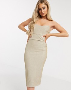 Бежевое блестящее платье-бандо миди в рубчик ASOS DESIGN-Бежевый