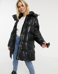 Черная дутая куртка из искусственной кожи с поясом ASOS DESIGN-Черный