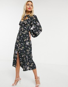 Платье миди с цветочным принтом и завязкой у ворота ASOS DESIGN-Мульти