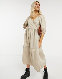 Светло-бежевое свободное платье миди с запахом ASOS DESIGN-Бежевый