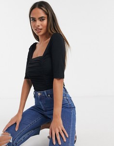 Боди черного цвета с квадратным вырезом и рукавами до локтя ASOS DESIGN-Черный
