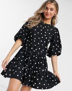 Черное платье мини в горошек с объемными рукавами New Look-Черный