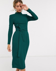 Зеленое платье миди с длинными рукавами и поясом оби ASOS DESIGN-Зеленый