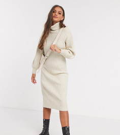 Платье миди в рубчик со свободным воротом ASOS DESIGN Petite-Бежевый