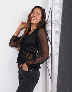 Черная сетчатая блузка в горошек добби с баской River Island-Черный