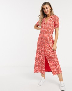 Красное чайное платье миди с цветочным принтом ASOS DESIGN-Красный