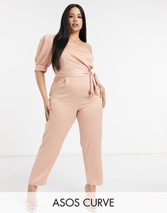 Пудрово-розовый комбинезон на одно плечо с пышным рукавом ASOS DESIGN curve
