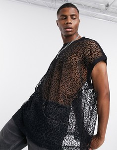 Сетчатая футболка без рукавов в стиле oversized с леопардовым принтом ASOS DESIGN-Черный