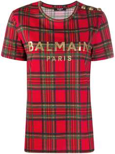 Balmain футболка в клетку тартан с логотипом