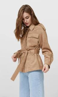 Stradivarius Куртка Рубашечного Кроя С Поясом Женская Коллекция Бежевый Средний M