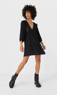 Stradivarius Платье С Деталью Из Прозрачной Ткани Женская Коллекция Черный S