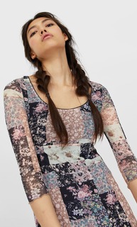 Stradivarius Платье Из Прозрачной Ткани С Принтом Пэчворк Женская Коллекция Черный S