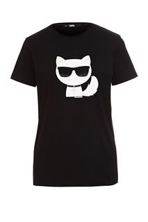 Черная хлопковая футболка с принтом и стразами Karl Lagerfeld
