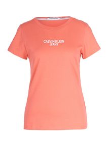 Хлопковая футболка кораллового цвета с принтом Calvin Klein Jeans
