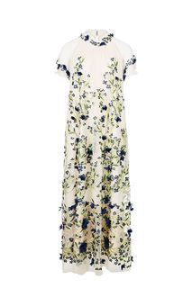 Платье бежевого цвета с цветочными вышивкой и нашивками Vera Moni