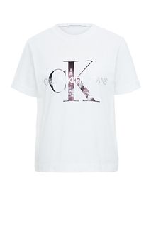 Белая хлопковая футболка с принтом Calvin Klein Jeans