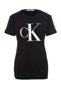 Черная хлопковая футболка с серебристым принтом Calvin Klein Jeans