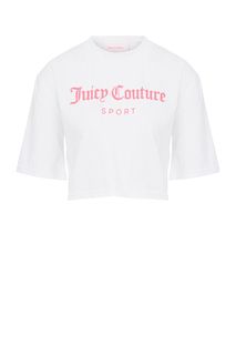 Укороченная хлопковая футболка с декоративным принтом Juicy Couture