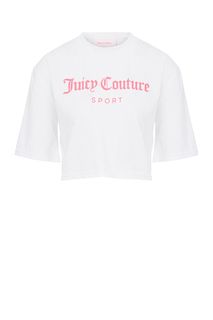 Укороченная хлопковая футболка с декоративным принтом Juicy Couture