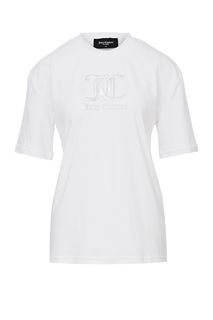 Белая хлопковая футболка с серебристым принтом Juicy Couture