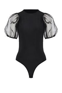 Черная блуза-боди с объемными полупрозрачными рукавами Ichi