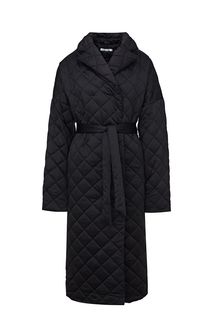 Стеганое пальто черного цвета с поясом Zarina