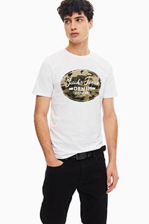 Белая хлопковая футболка с камуфляжным принтом Jack & Jones