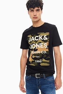 Черная хлопковая футболка с камуфляжным принтом Jack & Jones