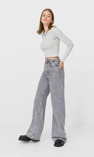Stradivarius Укороченный Топ С Эффектом Потертости Женская Коллекция Жемчужно-Серый L