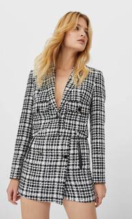 Stradivarius Короткий Пиджак В Клетку Женская Коллекция Цвет Небеленого Полотна M