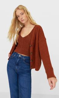 Stradivarius Кардиган С Плетеным Узором Женская Коллекция Цвет Темной Верблюжьей Шерсти Xs