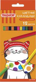 Карандаши цветные пластиковые "Котик", 12 цветов, классические, заточенные Пифагор