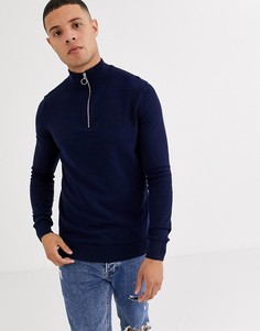 Темно-синий трикотажный джемпер с короткой молнией New Look