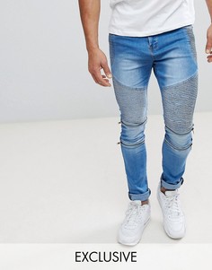 Синие выбеленные джинсы скинни в байкерском стиле с молниями Liquor N Poker-Синий