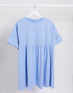 Свободное oversized-платье с оборками на рукавах ASOS DESIGN из хлопка голубого цвета-Синий