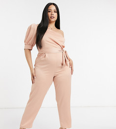 Пудрово-розовый комбинезон на одно плечо с пышным рукавом ASOS DESIGN curve