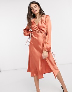 Атласное платье миди с запахом ASOS DESIGN-Красный