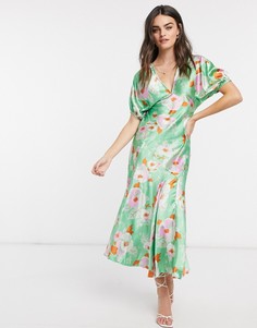 Зеленое атласное чайное платье макси с пышными рукавами ASOS DESIGN-Мульти