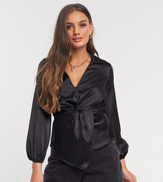 Черная атласная рубашка с перекрученной отделкой River Island Petite-Черный