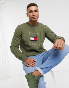 Свитшот цвета хаки с вышитым логотипом-флагом Tommy Hilfiger-Зеленый