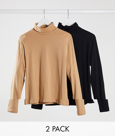 Футболка с длинным рукавом и отворачивающимся воротником ASOS DESIGN - Набор из 2 шт. со скидкой-Мульти