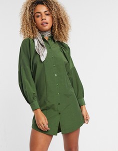 Фактурное платье-рубашка мини цвета хаки Topshop-Зеленый