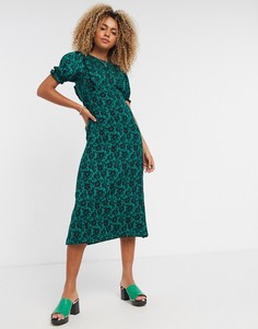 Зеленое чайное платье миди с цветочным принтом Topshop-Зеленый