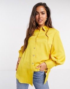 Коричневато-желтая атласная рубашка с завязками на манжетах River Island-Желтый