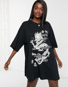Черное платье-футболка в стиле oversized с принтом дракона ASOS DESIGN-Черный