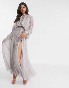 Платье макси с присборенной талией и атласными манжетами ASOS DESIGN-Серый
