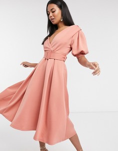 Розовое платье для выпускного миди с поясом ASOS DESIGN-Розовый